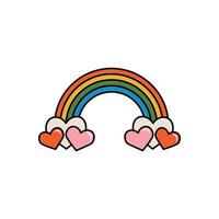 schattig regenboog en harten vector clip art in groef stijl. geïsoleerd retro sticker Aan een wit achtergrond. voorraad illustratie.