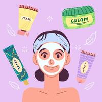 schoonheid meisje nemen zorg van haar gezicht met gezicht masker. flessen en buizen met cosmetica. huid zorg routine, hygiëne en hydraterend concept. vlak vector illustratie.