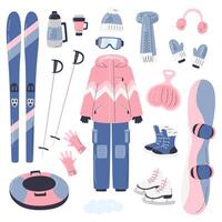 schattig winter vakantie activiteiten verzameling geïsoleerd. buitenshuis sport- en spellen voorraad set. snowboarden en ski toevlucht. seizoen en vakantie. sneeuw sport- uitrusting hand- getrokken vlak vector illustratie