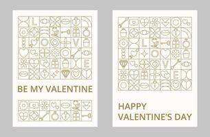 twee creatief kaarten van abstract meetkundig schets vorm en tekst voor gelukkig Valentijnsdag dag. achtergrond van goud lijn pictogrammen met symbool van liefde. modieus ontwerp voor kaart of poster, reclame, branding. vector