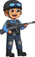 Politie officier in vol uitrusting tekenfilm gekleurde vector