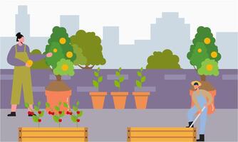 mensen tuinman boer samen arrangement groen dak illustratie vector