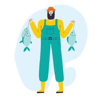 een Mens vangsten vis. visvangst concept. gelukkig mannetje visser met een vangst. hand- getrokken vector illustratie.
