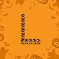 halloween letter l van schedels en gekruiste knekels voor design. feestelijk lettertype voor vakantie en feest op oranje achtergrond met pompoenen, spinnen, vleermuizen en spoken vector