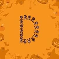halloween letter d van schedels en gekruiste knekels voor ontwerp. feestelijk lettertype voor vakantie en feest op oranje achtergrond met pompoenen, spinnen, vleermuizen en spoken vector