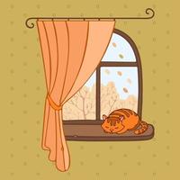 raam met een gordijn met uitzicht op het herfstlandschap. de gemberkat slaapt op de vensterbank. herfst boslandschap met vallende bladeren buiten het raam. gezellig thuiscomfort. vector in vlakke stijl
