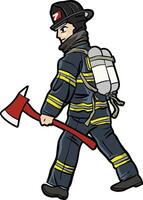tekenfilm brandweerman in uitrusting met bijl wandelen vector