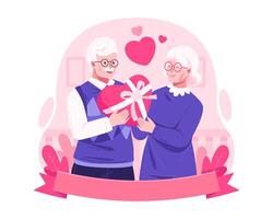 een ouderen paar samen Holding een hartvormig geschenk doos. romantisch oud senior paar in liefde relatie. Valentijn dag, verjaardag verrassing, of bruiloft verjaardag vector