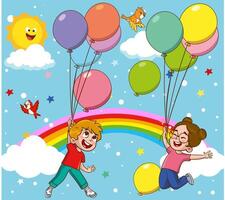kinderen vliegend Aan ballonnen in de lucht met regenbogen en wolken illustratie vector