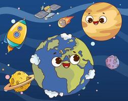 schattig tekenfilm planeet aarde in ruimte met raket, maan en sterren vector