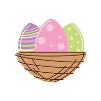 vrolijk pasen beschilderde eieren in geïsoleerde mand cartoon stijl vector