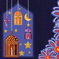 ramadan lantaarns met kaarsen maan bloemen decoratie vector