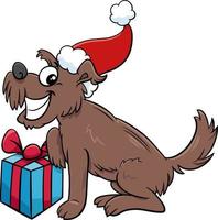 cartoon gelukkige hond met cadeau op kersttijd vector