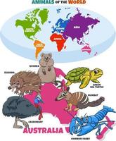educatieve illustratie met cartoon Australische dieren en kaart vector