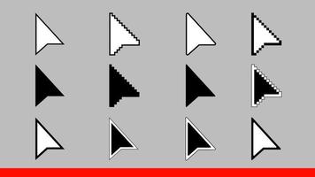 12 zwarte en witte pijl pixel en geen pixel muis cursors pictogrammen tekenen vector illustratie set vlakke stijl ontwerp geïsoleerd op een grijze achtergrond.