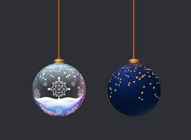 twee prachtige matte en glazen bollen. speelgoed voor nieuwjaarsviering. kerstboom decoratie element. kristallen bol met sneeuwvlokken vector