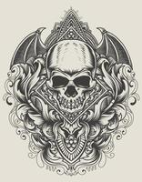 illustratie demon schedel hoofd met antieke gravure ornament vector