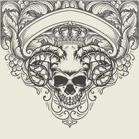 illustratie demon schedel hoofd met antieke gravure ornament vector