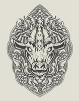 illustratie viking stier hoofd met vintage gravure ornament vector
