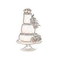 drie rij taart Aan een staan in tekening stijl, bruiloft, feestelijk met rozen en bloemen en versierd met kralen vector