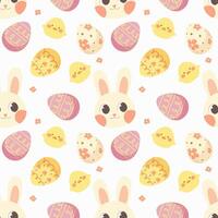 afdrukken, naadloos patroon met schattig wit konijnen, kippen en eieren Aan wit achtergrond. vector illustratie voor Pasen, kinderen