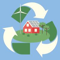 groen energie. milieuvriendelijk huis met zonne- panelen, wind macht station. vector
