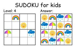 sudoku. kinderen en volwassen wiskundig mozaïek. kinderen spel. weer thema. magie vierkant. logica puzzel spel. digitaal rebus vector