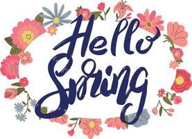 voorjaar belettering en schattig kaart sjabloon met hand- getrokken rustiek bloemen vector