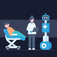 ai robot machine helpen bijstand dokter en verpleegster met geduldig diagnostisch Geavanceerd technologie chirurgie Aan ziekenhuis medisch kamer tekenfilm vlak karakter, innovatie voor menselijk Gezondheid geneeskunde banier vector
