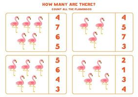 tellen spel met tekenfilm roze flamingo's. leerzaam werkblad. vector
