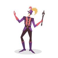 een voortreffelijk deelnemer in de Venetiaanse carnaval. koning in een Purper maskerade kostuum met een stok in zijn hand. Venetiaanse carnaval. vlak vector illustratie.