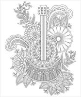 gitaar kleurplaat met ornamenten en gestileerde bloemen vector