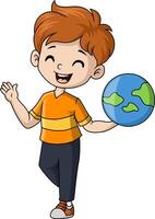 schattig weinig jongen tekenfilm Holding een wereldbol vector