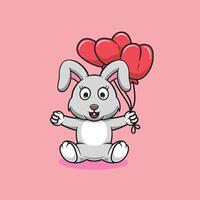 schattig konijn met rood ballonnen tekenfilm illustratie vector