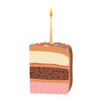 plak van verjaardag chocola taart met kaars. stuk van taart voor gelukkig verjaardag groet kaart, sticker, banier en ansichtkaart. vector illustratie geïsoleerd Aan een wit achtergrond.
