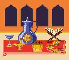 ramadan viering arabisch met koran boek waterkoker voedsel lantaarn vector