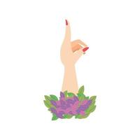 vrouwendag, vrouwelijke hand opgeheven wijsvinger met bloemen in cartoonstijl vector