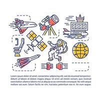 ruimtevaartindustrie artikel pagina vector sjabloon. brochure, tijdschrift, boekje ontwerpelement met lineaire pictogrammen en tekstvakken. conceptillustraties met tekstruimte