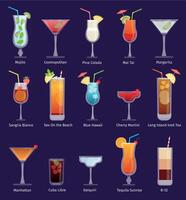 alcohol cocktails, pina colada, martini, margarita en tequila. vlak tropisch drankjes en dranken in bril. klassiek cocktail vector reeks