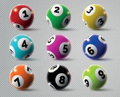 realistisch loterij bingo of keno spel ballen met nummers. 3d lotto of biljart bal. Lucky het gokken sport, casino loterij bollen vector reeks