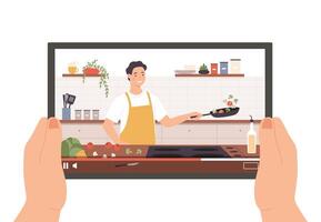 Koken video. handen Holding tablet met culinaire uitzending, tonen of online les. chef voorbereidingen treffen voedsel in keuken interieur vector concept