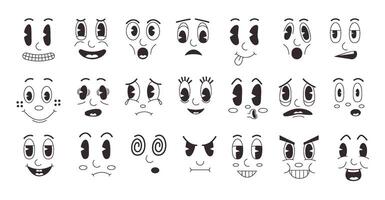 tekenfilm retro gezichten. tekening klem kunst grappig emoties, oud mascotte gezicht verzameling met grappig glimlach. vector reeks