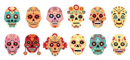 dia de los Muertos schedel. Mexicaans dag van de dood decoratief Mens en vrouw suiker schedels met bloem. Mexico vakantie skelet gezicht vector reeks