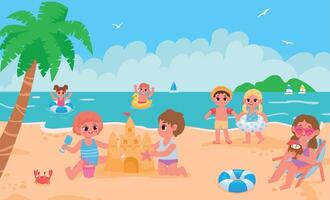 zomer strand landschap met kinderen spelen speelgoed vector