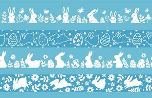 Pasen silhouet borders met konijn, eieren en bloemen. voorjaar weide ornament voor traditioneel Pasen decoratie. konijn vector patronen reeks