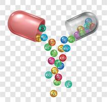 realistisch Open pil capsule met vitamine en mineraal elementen. geneeskunde supplement ingrediënten in drugs. apotheek Gezondheid zorg vector concept