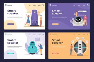 elektronisch slim luidsprekers met virtueel assistent web bladzijde. mensen controle apparaten met stem commando's. interactief ai apparaat vector landingen