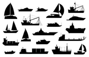 boten silhouet. zeilboot, schuit, visvangst en reis schip, zee jacht, passagier en lading vaartuig pictogrammen. nautische vervoer logo vector reeks