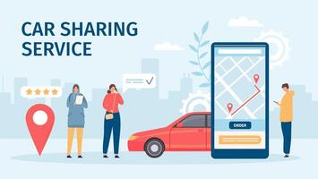 auto sharing onderhoud. groot smartphone scherm met mobiel app en mensen bestellen auto's voor delen of huur. vlak online auto delen vector concept