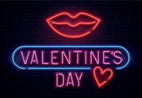 gloeiend neon teken valentijnsdag dag belettering met rood groot lippen en hart voor vakantie. schijnend uithangbord vector